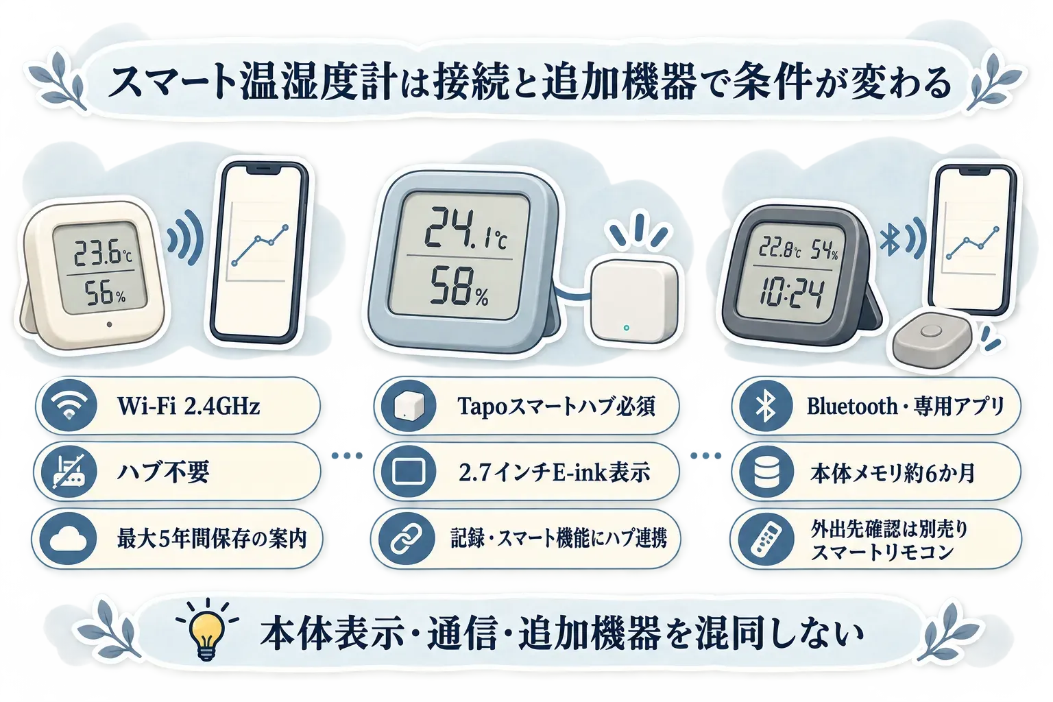 3種類のスマート温湿度計の接続と追加機器の条件を示す図。eSensor2+はWi-Fi 2.4GHz・ハブ不要・最大5年間保存の案内、Tapo T315は2.7インチE-ink表示とTapoスマートハブ必須、ラトックはBluetooth・専用アプリ・本体メモリ約6か月・外出先確認には別売りスマートリモコンが必要なことを示している