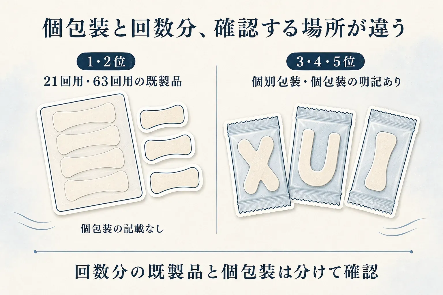 口閉じテープの確認項目として、1・2位は21回用・63回用の既製品で個包装の記載なし、3・4・5位は個別包装・個包装の明記ありと対比する図。回数分の既製品と個包装は分けて確認するよう示している。