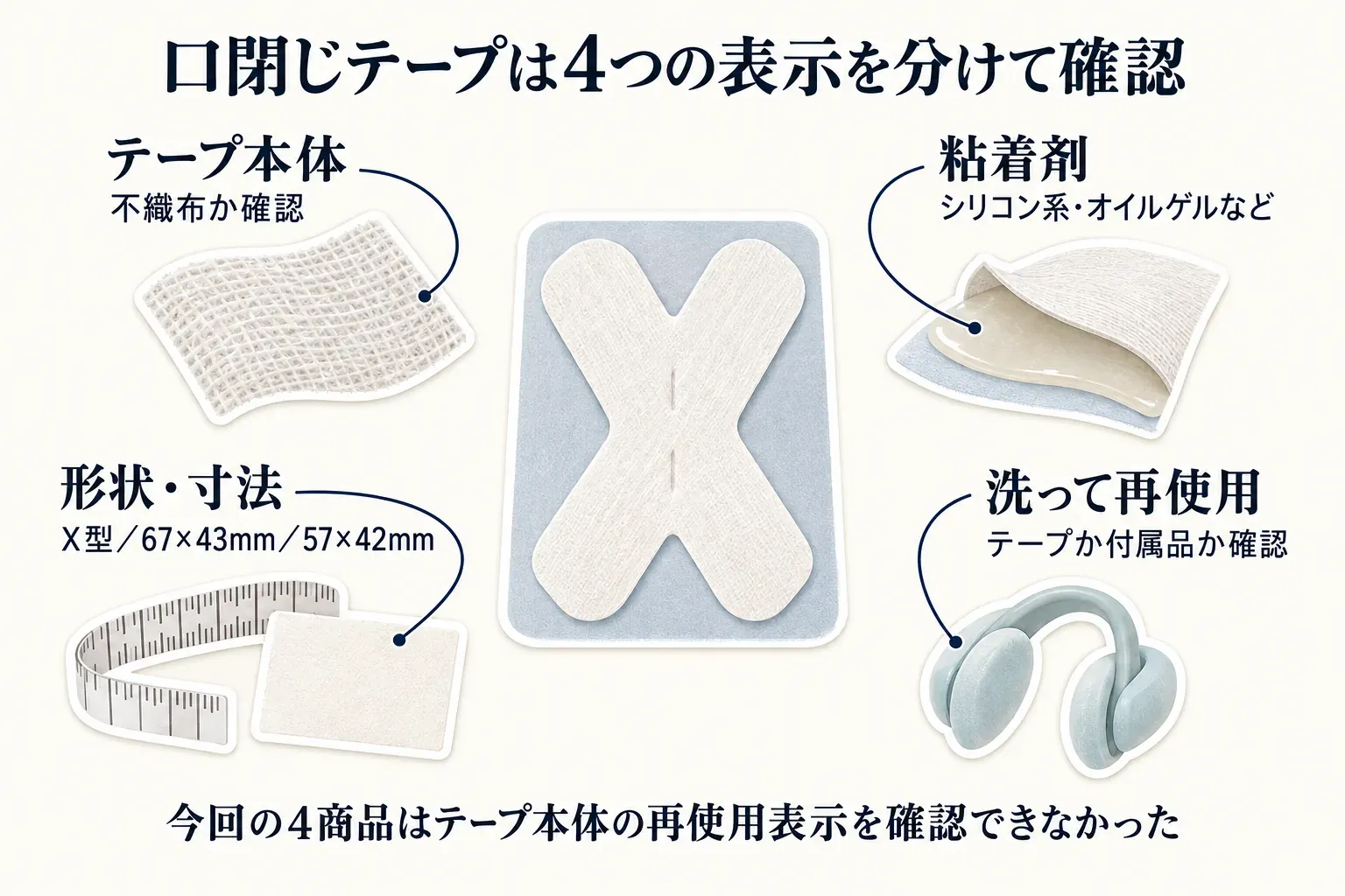口閉じテープで確認する4つの表示を示す図。テープ本体は不織布か、粘着剤はシリコン系・オイルゲルなどか、形状・寸法はX型・67×43mm・57×42mmなどか、洗って再使用できる対象はテープか付属品かを確認し、今回の4商品ではテープ本体の再使用表示を確認できなかったことを示している