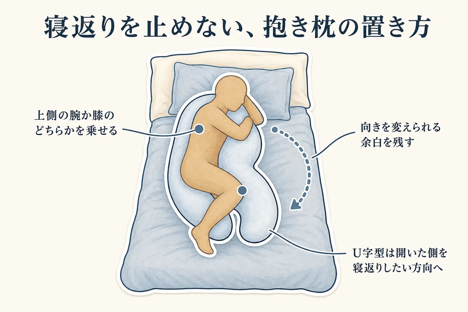 ベッドで横向きに抱き枕を使う人を上から描いた図。上側の腕か膝のどちらかを抱き枕に乗せ、向きを変えられる余白を残し、U字型は開いた側を寝返りしたい方向に向けることを示す