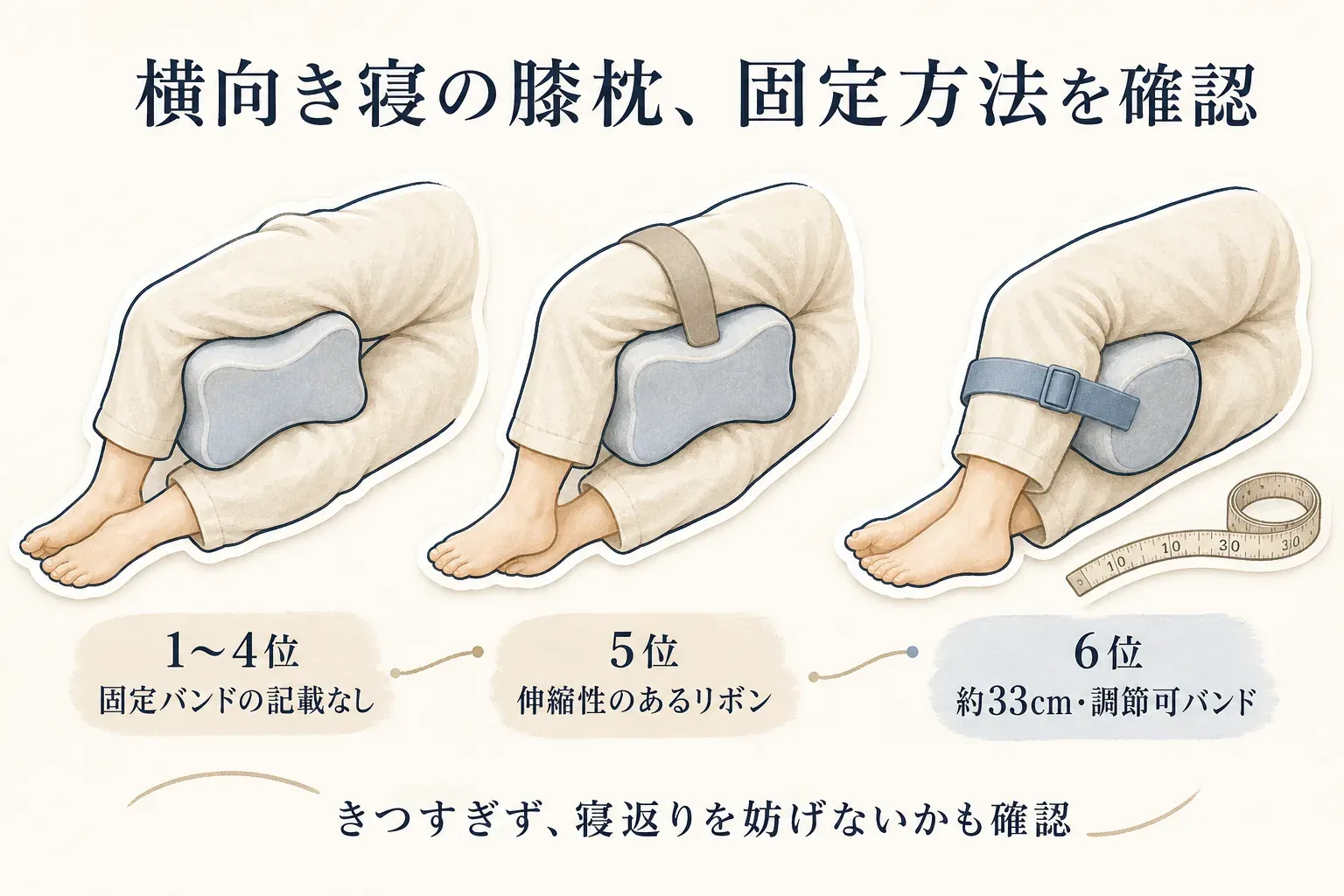 横向き寝用の膝枕・足枕の固定方法を示す図。1〜4位は固定バンドの記載なし、5位は伸縮性のあるリボン、6位は約33cmの調節可能なバンドで、きつすぎず寝返りを妨げないか確認することを示す