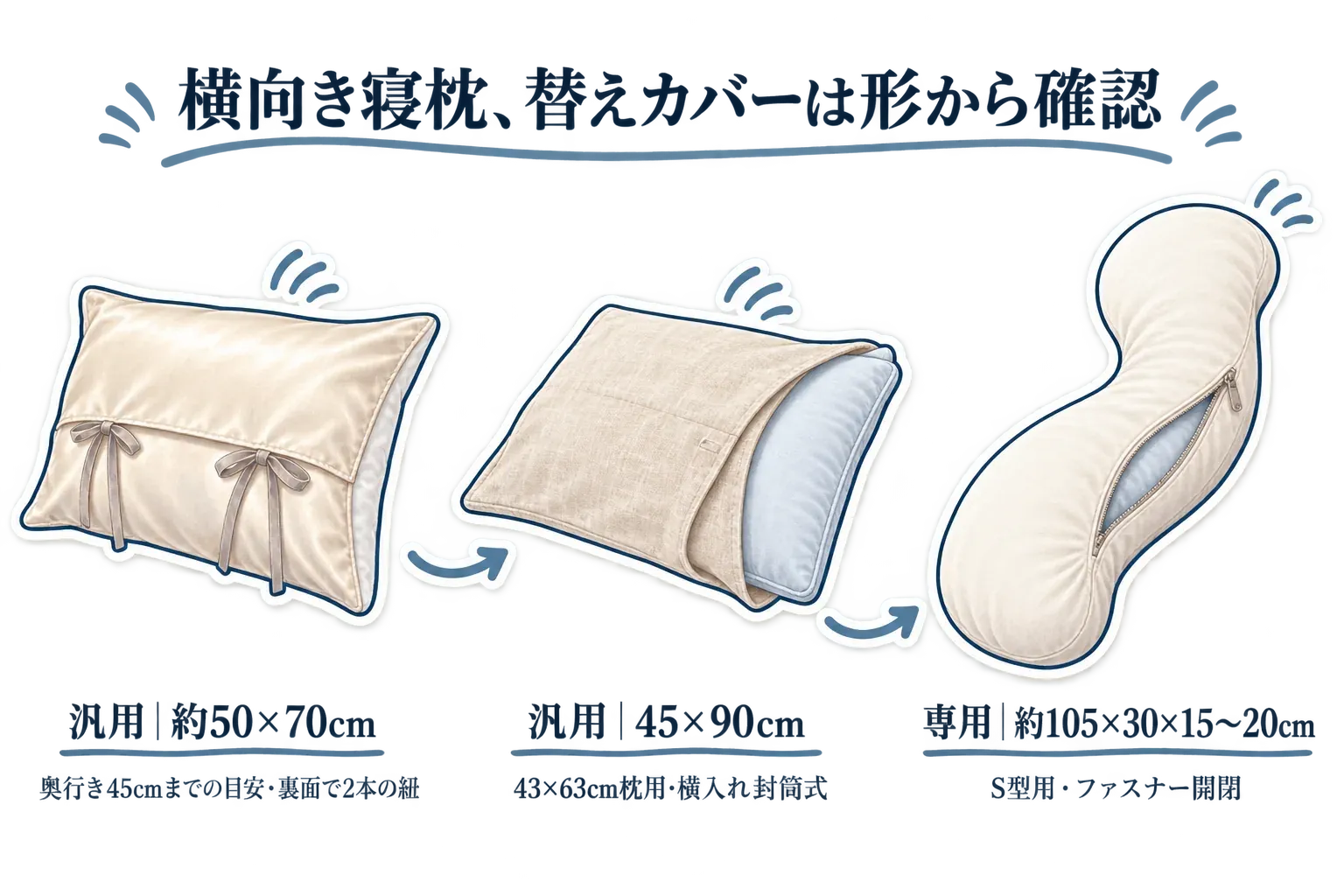 横向き寝枕の替えカバーは形と開閉方法を確認する図。約50×70cmの汎用シルクカバーは枕の裏面で二本の紐を結び、45×90cmの汎用リネンカバーは横入れ封筒式、約105×30×15〜20cmのS型専用カバーはファスナー開閉である例を示している