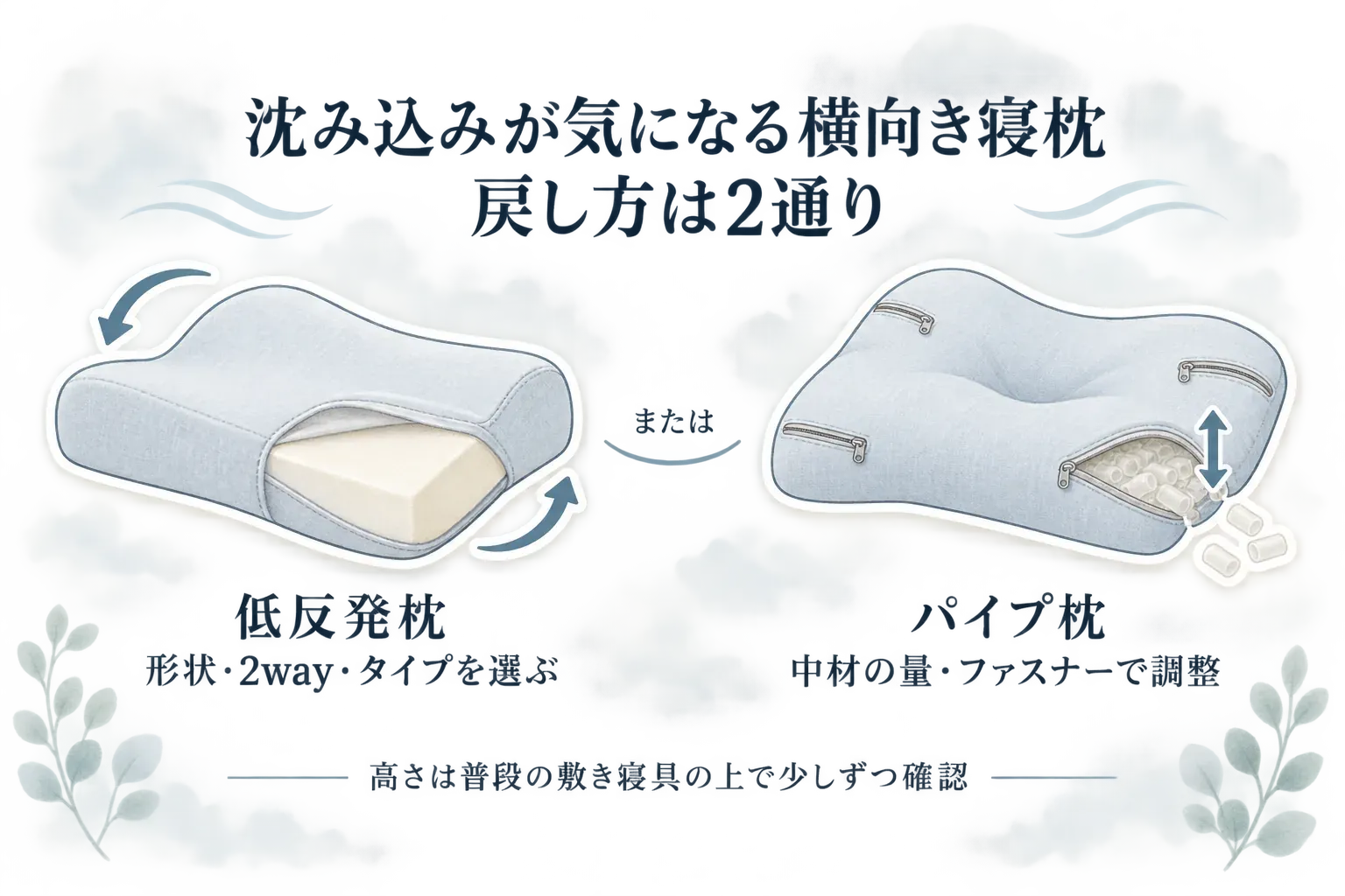 沈み込みが気になる横向き寝枕の戻し方を2通りで示す図。低反発枕は形状・2way・タイプを選び、パイプ枕は中材の量やファスナーで高さを調整し、普段の敷き寝具の上で少しずつ確認する