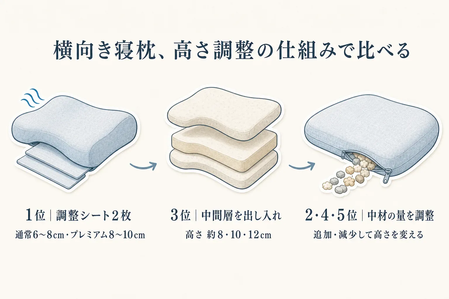 横向き寝枕の高さ調整の仕組みを比べる図。1位は調整シート2枚で通常6〜8cm・プレミアム8〜10cm、3位は中間層の出し入れで約8・10・12cm、2・4・5位は中材の追加・減少で高さを変えることを示す