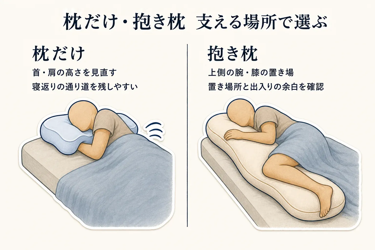 横向き寝で枕だけを使う場合は首・肩の高さと寝返りの通り道を確認し、抱き枕を使う場合は上側の腕・膝の置き場、ベッド上の置き場所と出入りの余白を確認する比較図