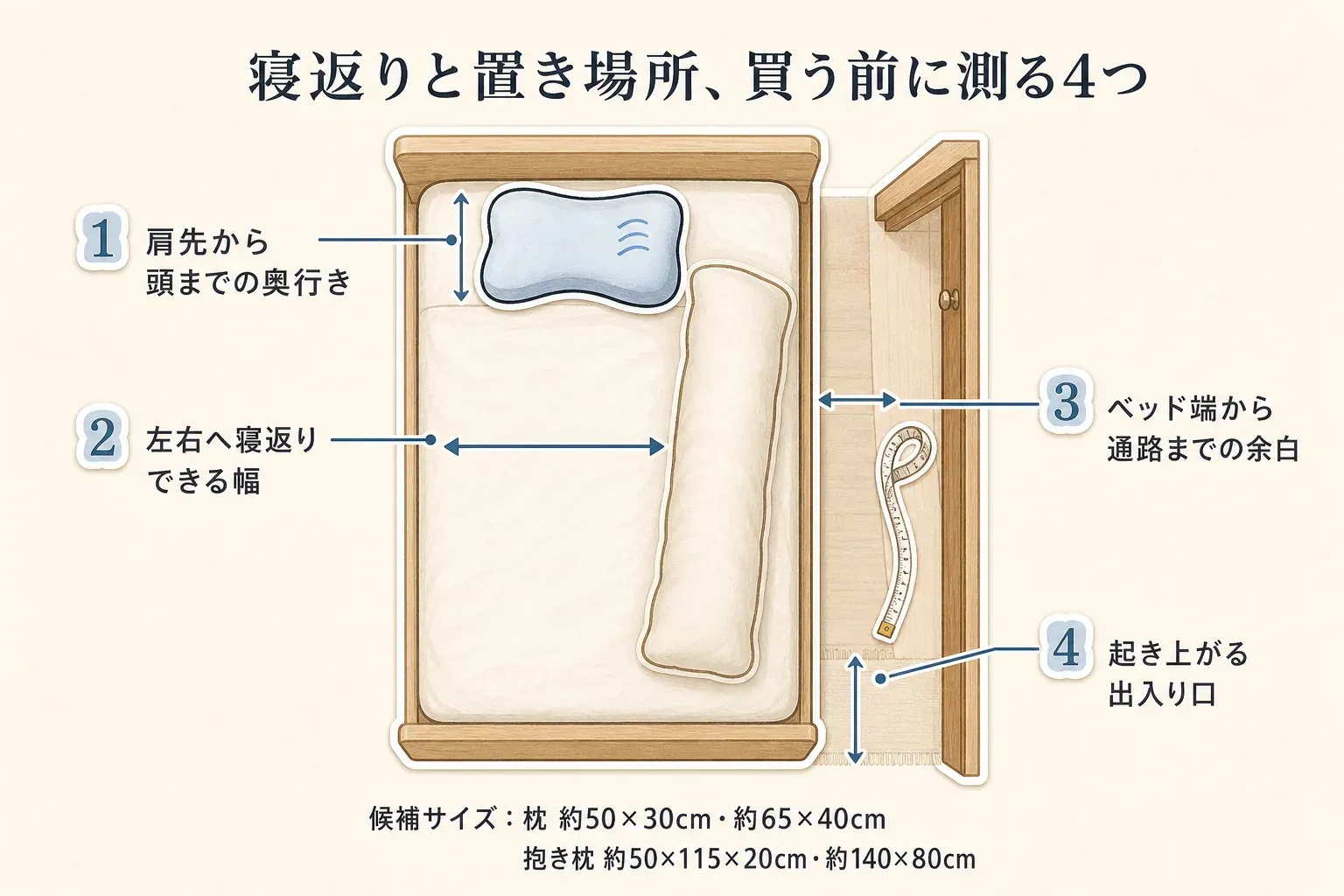 枕と抱き枕をベッドに置く前に測る4項目の図。肩先から頭までの奥行き、左右へ寝返りできる幅、ベッド端から通路までの余白、起き上がる出入り口を示し、候補サイズとして枕約50×30cm・約65×40cm、抱き枕約50×115×20cm・約140×80cmを記載