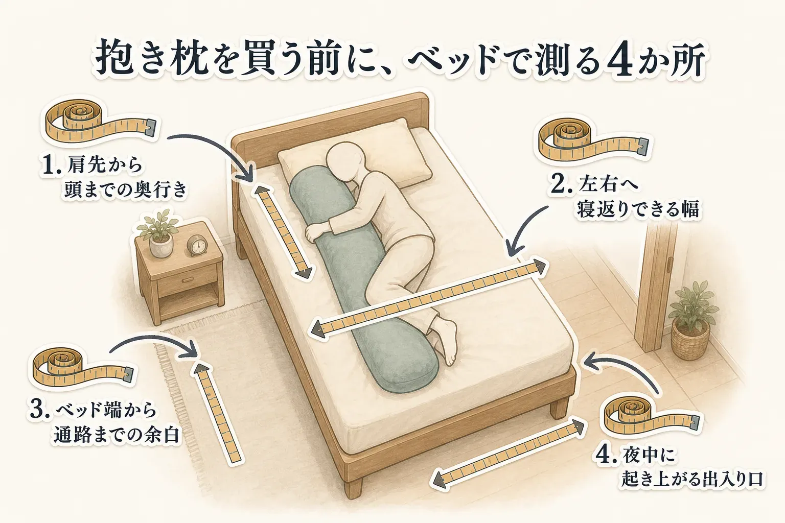 抱き枕を抱いて横向きで寝る人を描いたベッドの図。買う前に肩先から頭までの奥行き、左右へ寝返りできる幅、ベッド端から通路までの余白、夜中に起き上がる出入り口の4か所をメジャーで測ることを示す