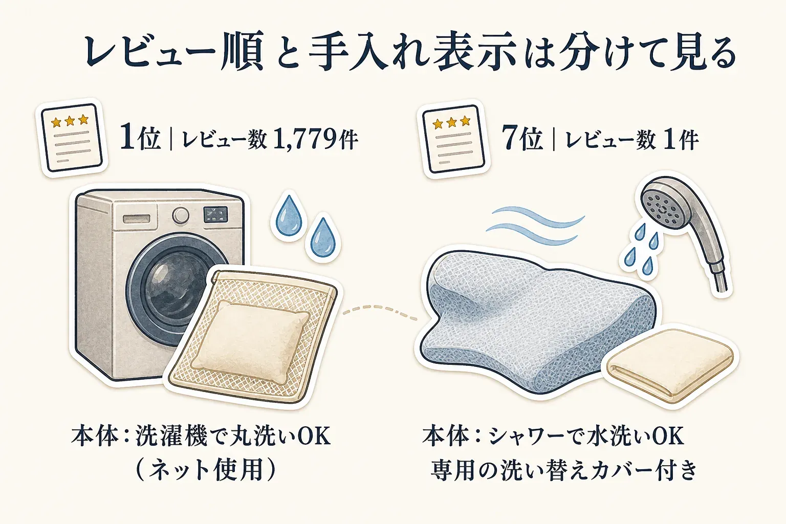 レビュー順と手入れ表示を分けて見る図。1位はレビュー数1,779件で本体を洗濯機で丸洗いOK（ネット使用）、7位はレビュー数1件で本体をシャワーで水洗いOK、専用の洗い替えカバー付きと示す