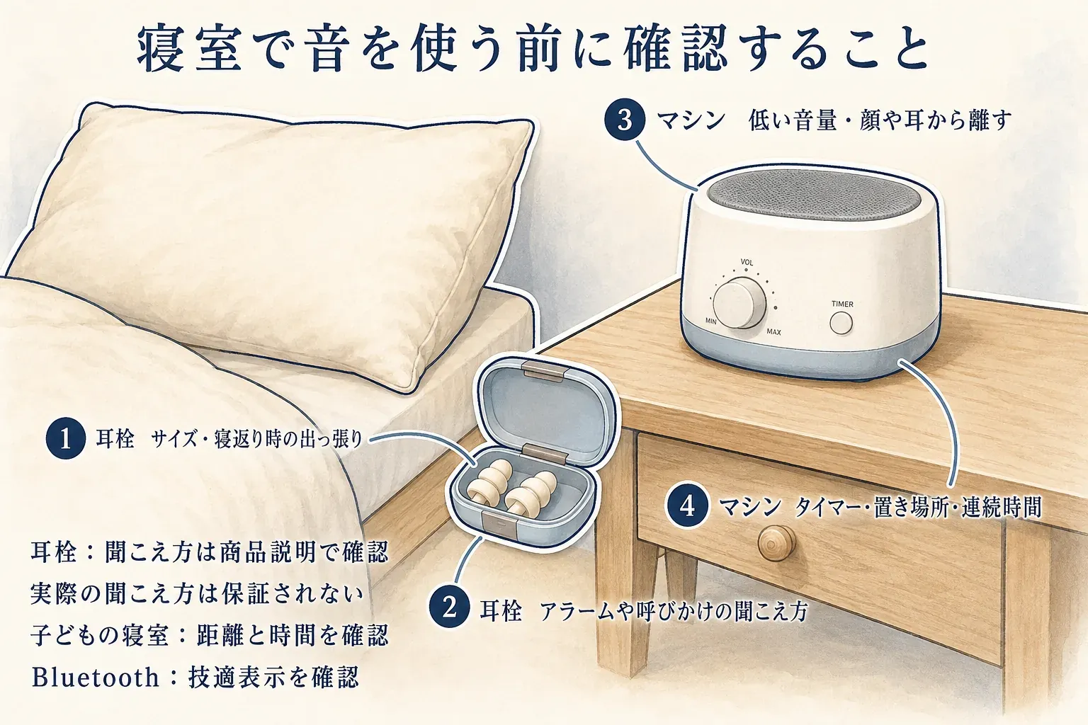 寝室のベッド脇テーブルに、ナイトライト、ホワイトノイズマシン、収納ケースに入った耳栓を置いた場面を描く図。ホワイトノイズマシンは寝る人の耳元ではなく置き場所と音量を確認し、耳栓は自分だけが使う用品であることを示す