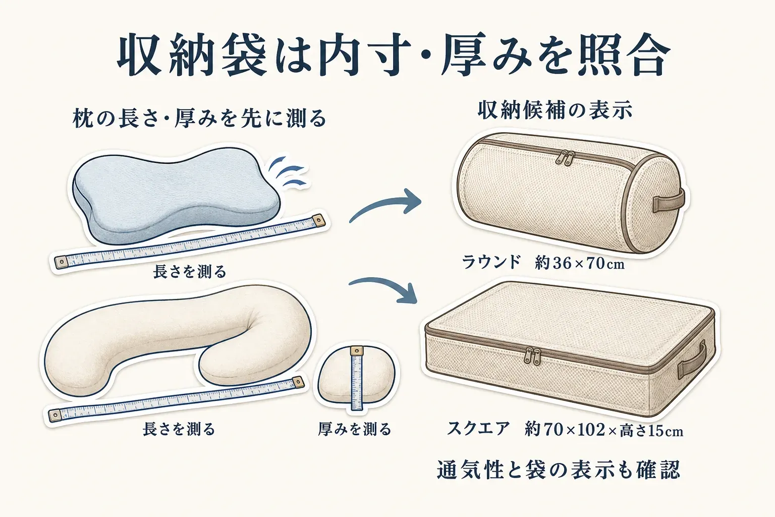 収納袋の内寸と枕の長さ・厚みを照合する図。枕の長さと厚みを先に測り、ラウンド約36×70cmまたはスクエア約70×102×高さ15cmの収納候補、通気性と袋の表示を確認する