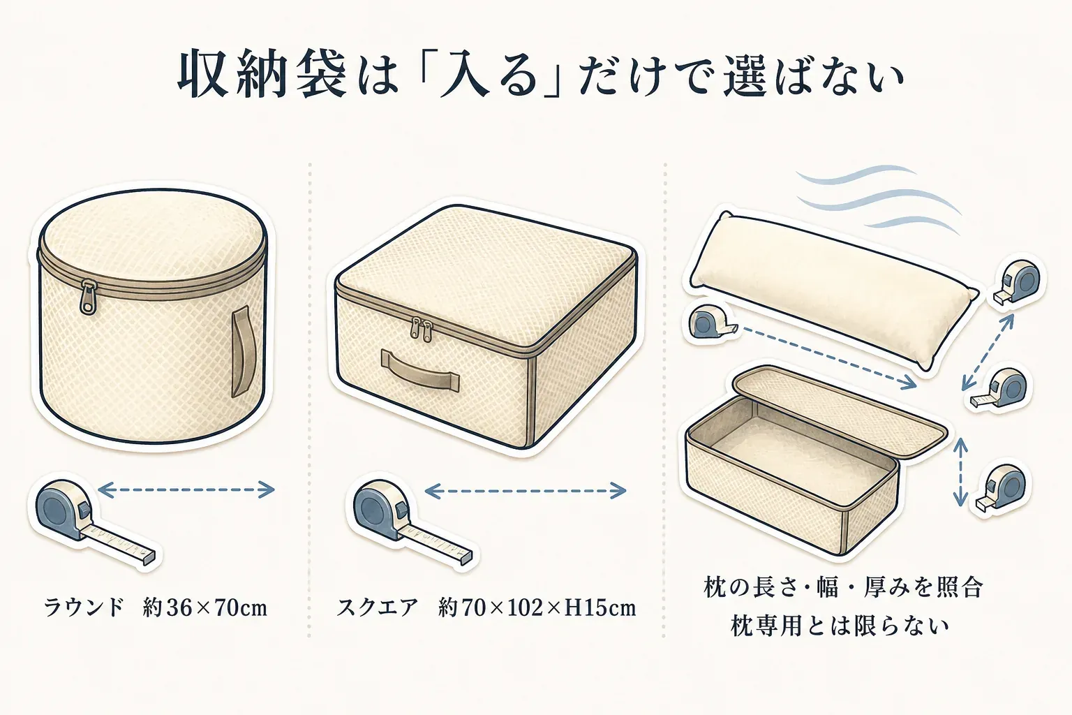 収納袋を「入る」だけで選ばないことを示す図。ラウンド約36×70cmとスクエア約70×102×高さ15cmの袋を、枕の長さ・幅・厚みと照合し、枕専用とは限らないことを確認する