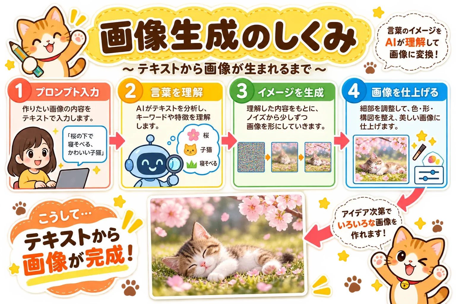 テキストから画像を生成する仕組みを示す図。プロンプト入力、AIが言葉を理解、ノイズから画像を生成、色や形を調整して仕上げる4段階を、桜の下で寝る子猫の例で説明している