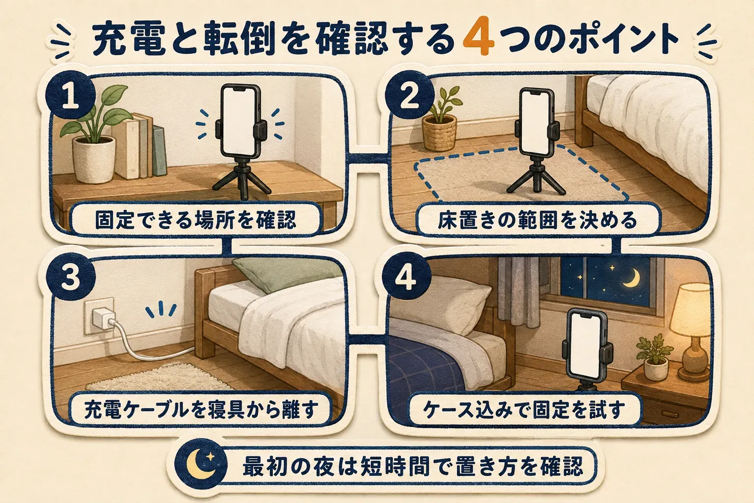 ベッド用スマホホルダーと床置きスマホ三脚を使う前の安全確認4項目を示す図。固定場所は厚み・強度・傷の付きにくさ、床置きは通路や寝返りの動線を避け平らな床で脚を最後まで開くこと、充電ケーブルは寝具の下を通さないこと、スマホはケース込みの幅・重さと固定後のずれを確認することを示している。充電中の機器を寝具の上に置かない注意はNITEの案内に基づく