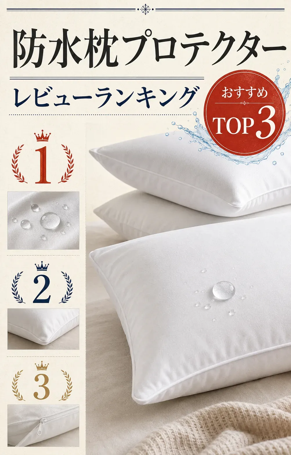 「防水枕プロテクター レビューランキング おすすめTOP3」と示す図。1位から3位の順位表示、白い枕、防水をイメージする水滴、ファスナーの写真風イラストを描いている
