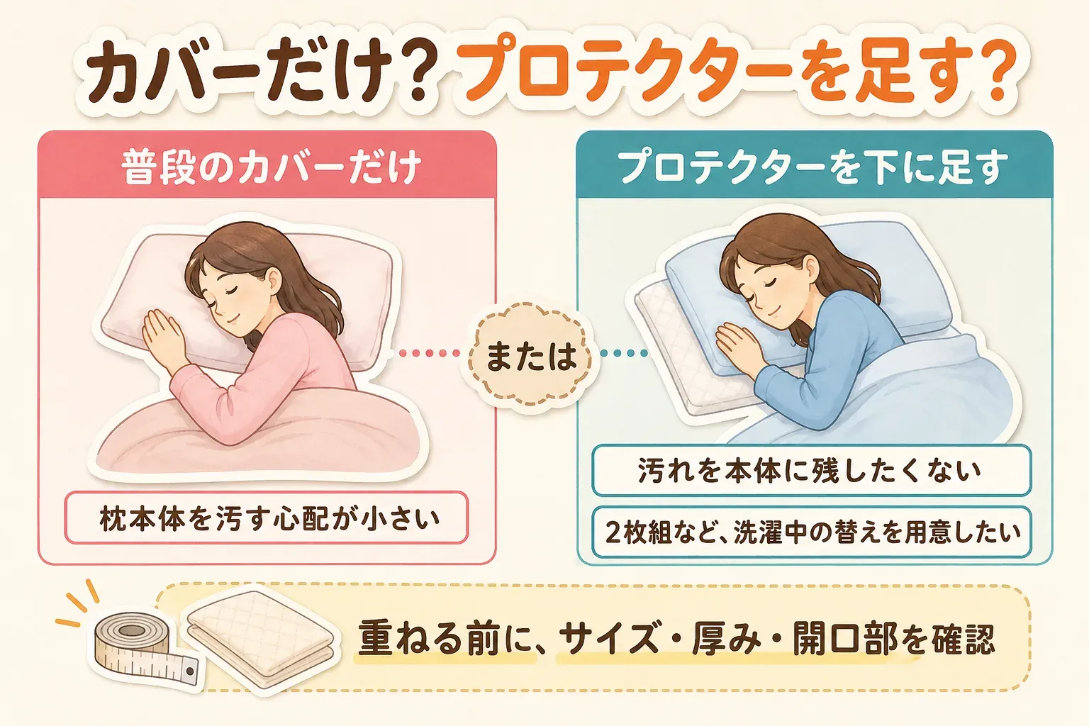 普段の枕カバーだけで使う場合と、枕プロテクターを下に足す場合を比べる図。前者は枕本体を汚す心配が小さいとき、後者は枕本体に汚れを残したくないときや洗濯中の替えを用意したいときの選択肢で、重ねる前にサイズ・厚み・開口部を確認することを示している