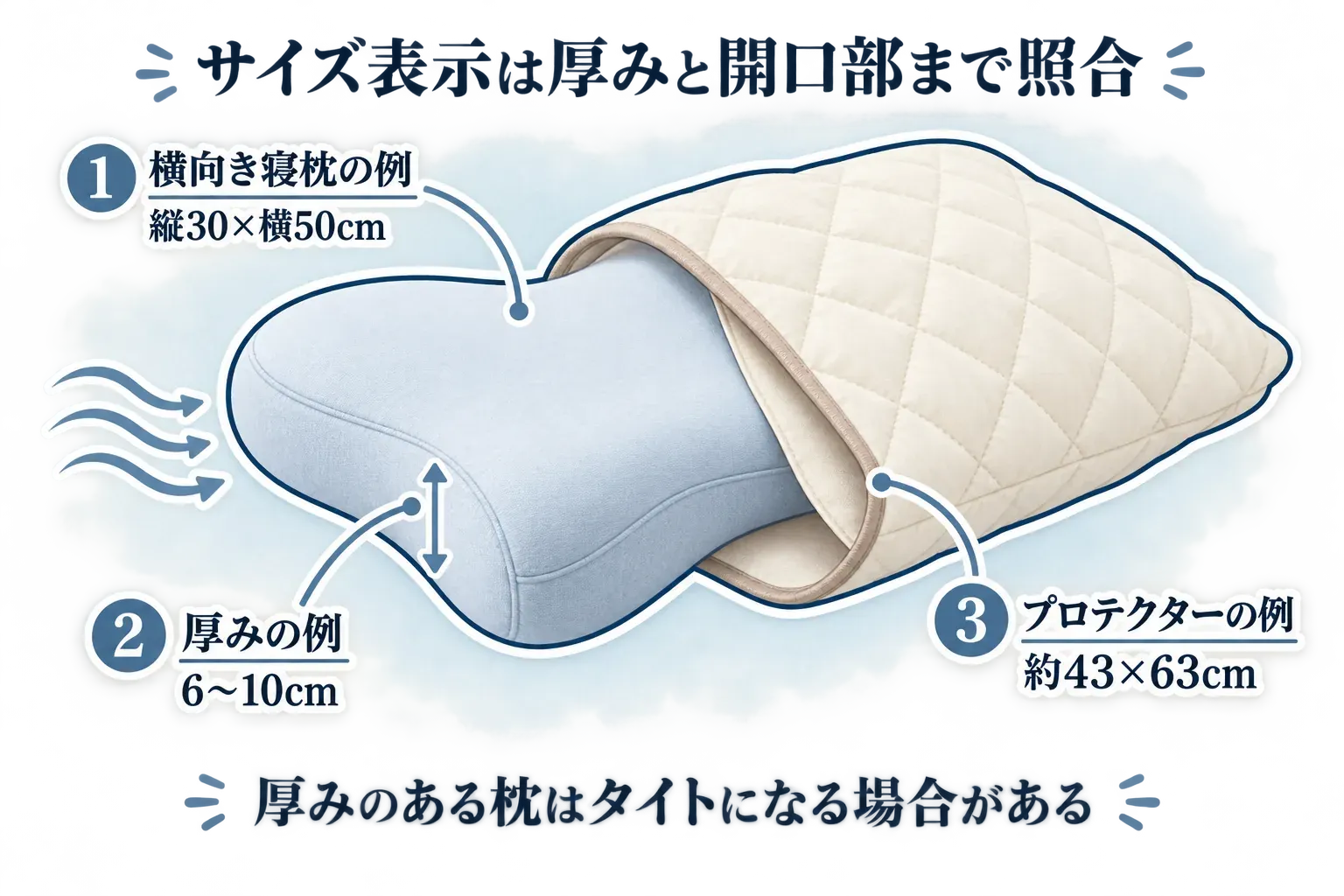 横向き寝枕と枕プロテクターのサイズ・厚み・開口部を照合する図。横向き寝枕の例は縦30×横50cm・厚み6〜10cm、プロテクターの例は約43×63cmで、厚みのある枕ではカバーがタイトになる場合があることを示している