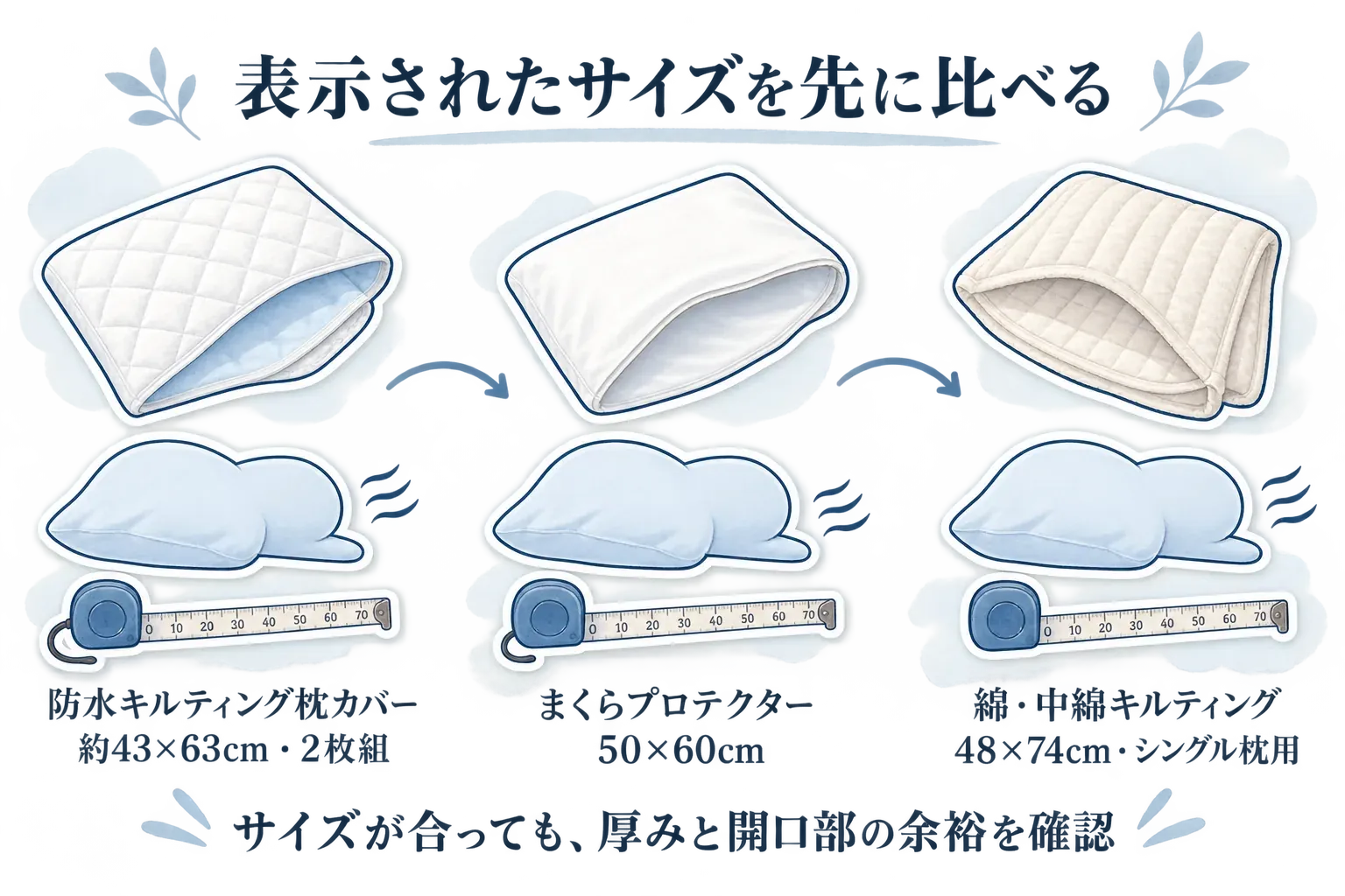 表示されたサイズを基に枕プロテクターを比較する図。防水キルティング枕カバーは約43×63cm・2枚組、まくらプロテクターは50×60cm、綿・中綿キルティング品は48×74cm・シングル枕用で、サイズ表示と枕本体の実寸を照合することを示している